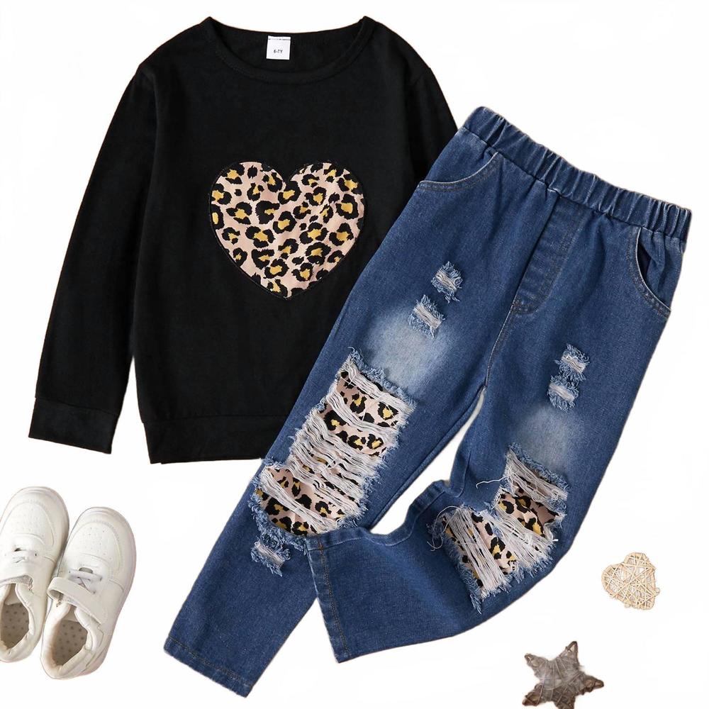 NEW PATPAT girl's 2-piece sweatshirt and ripped jeans set in black multi